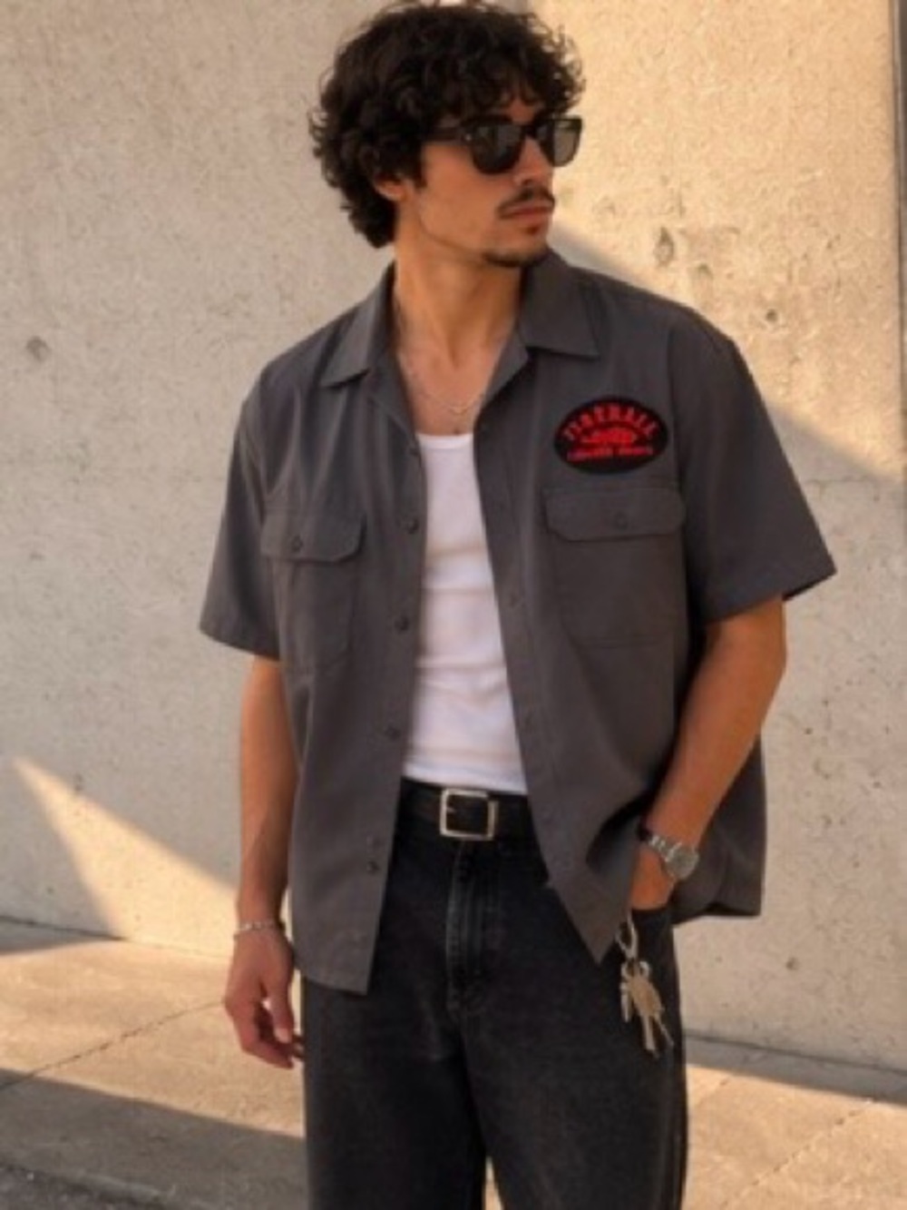 Dickies Short-Sleeve Work Shirt Jacket in Gray with Red Patch